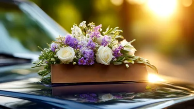 Wedding Flower Arrangement On A Car Hood