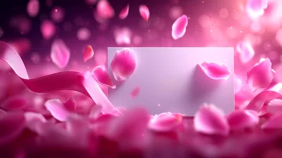 Pink Rose Petals Falling Around A Blank Card