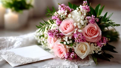 Wedding Bouquet With Pink Roses And Lace Envelope