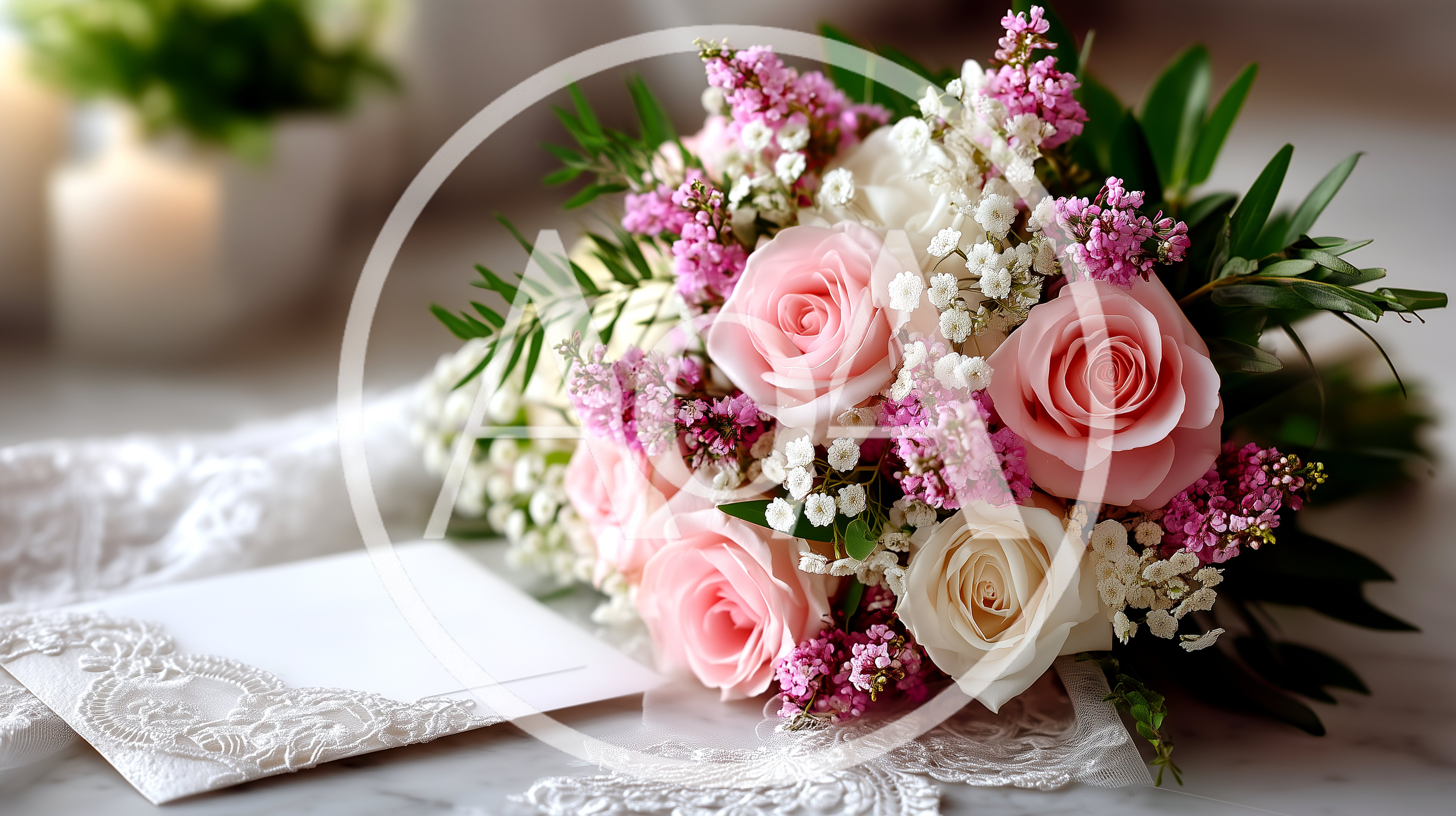 Wedding Bouquet With Pink Roses And Lace Envelope
