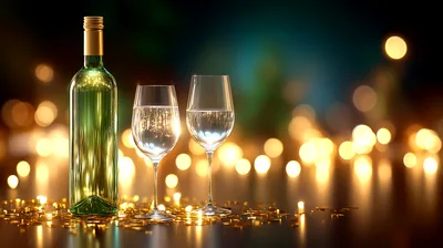 Wine Bottle And Two Glasses With Golden Confetti