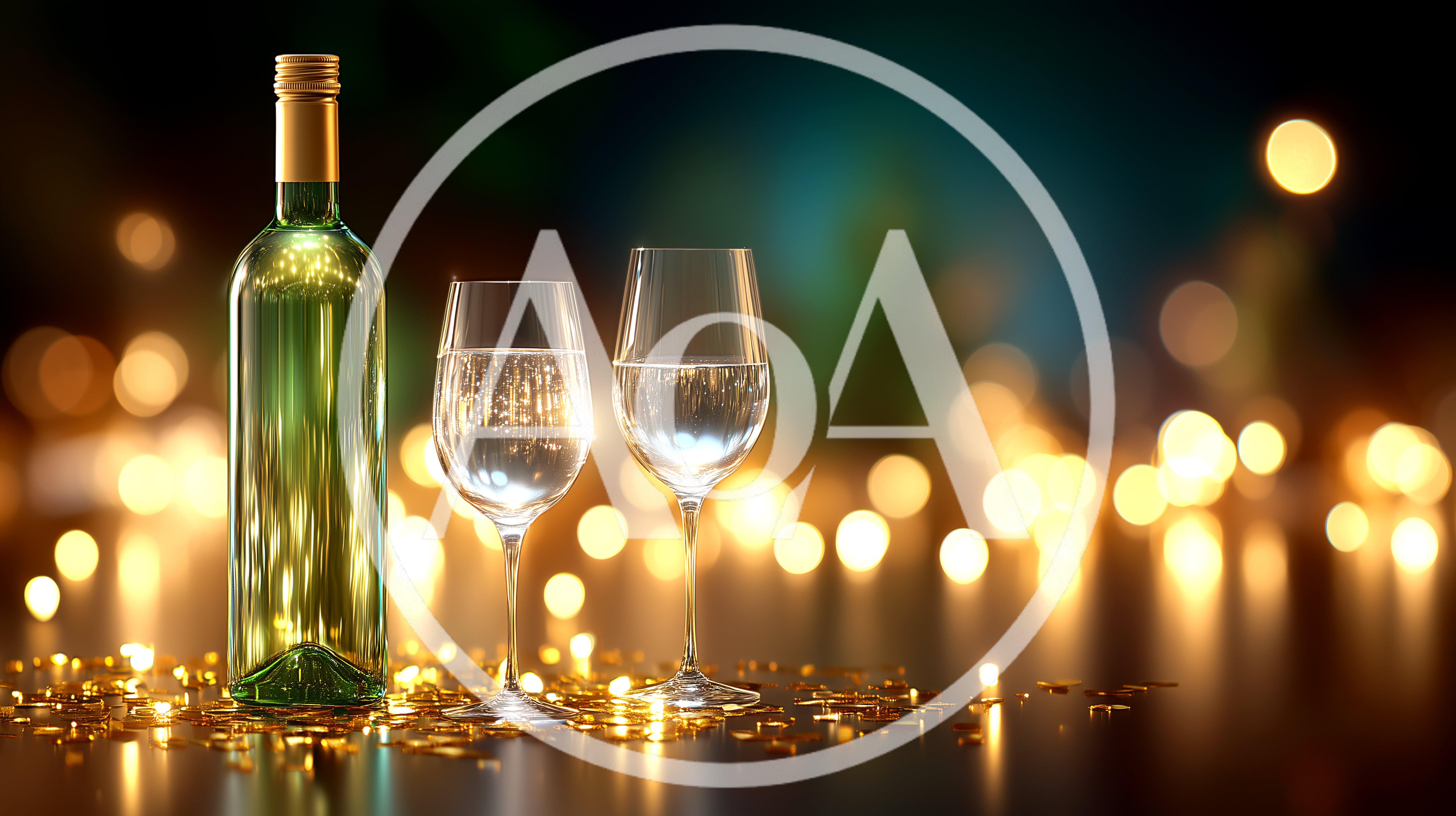 Wine Bottle And Two Glasses With Golden Confetti