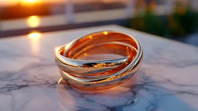 Interlocking Gold Trinity Ring on Marble Surface