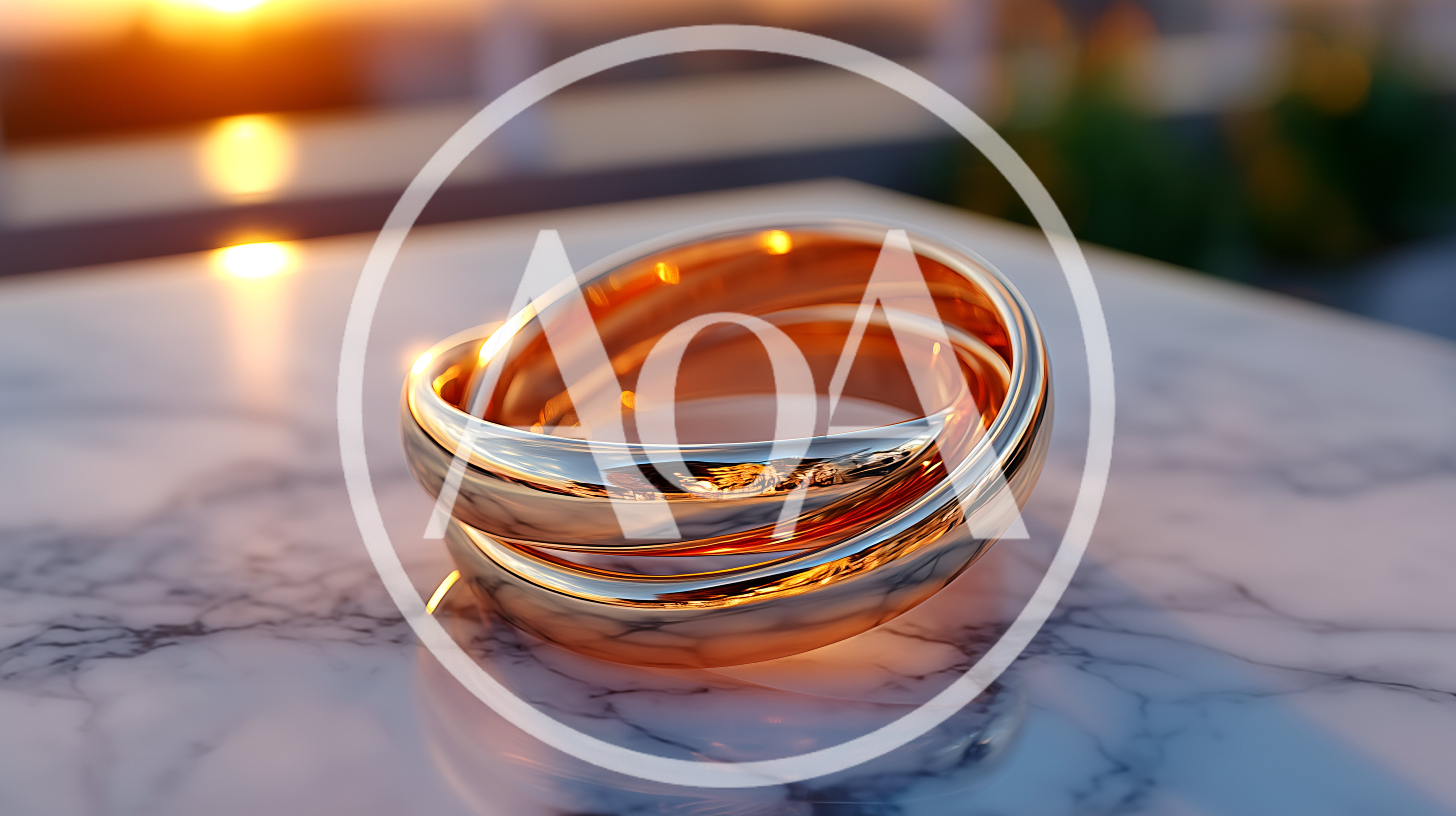 Interlocking Gold Trinity Ring on Marble Surface