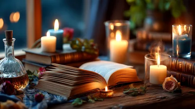 Open Book With Candles And Wine On Wooden Table