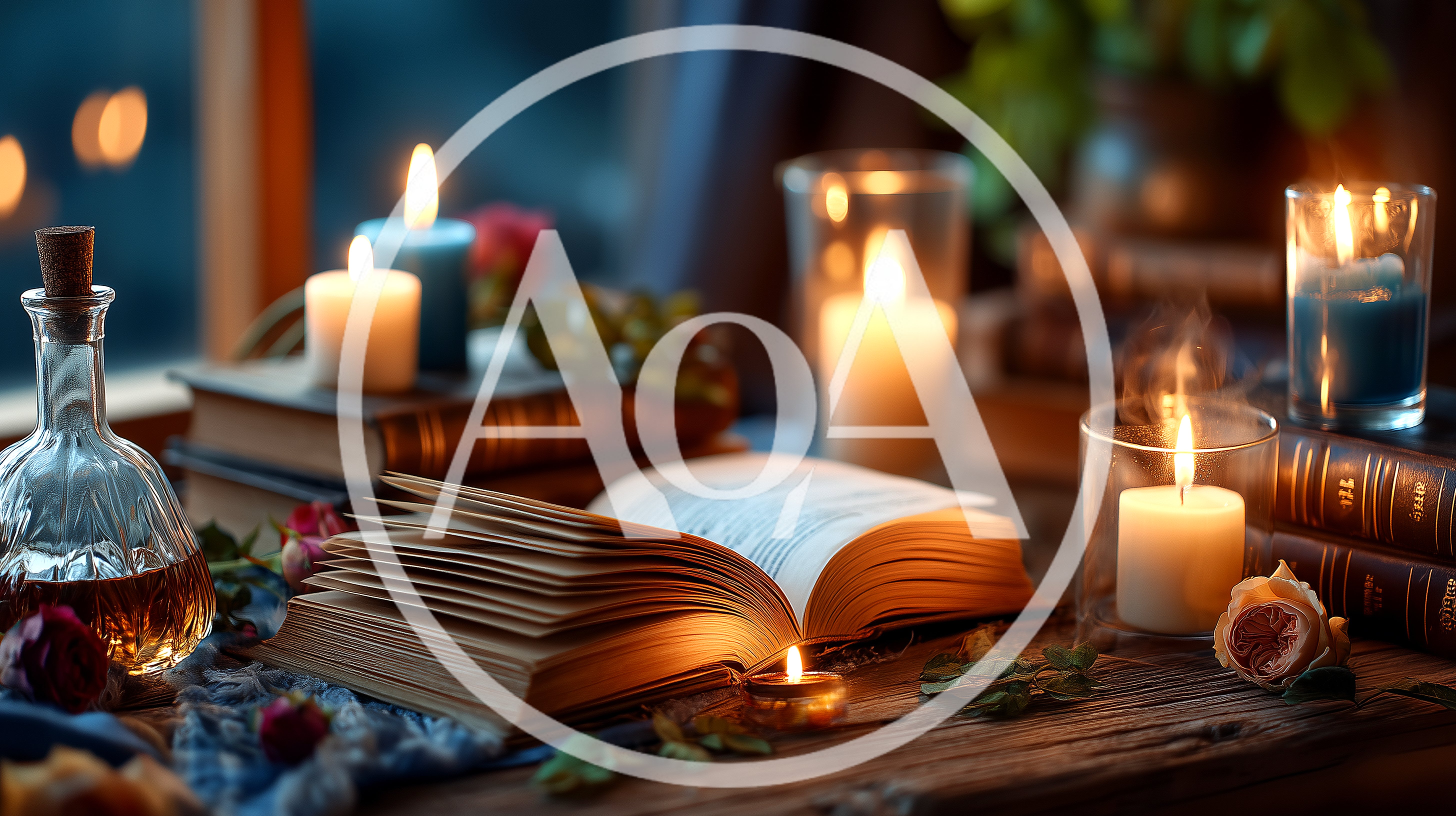 Open Book With Candles And Wine On Wooden Table