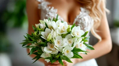 Bride Holding A White Orchid Wedding Bouquet