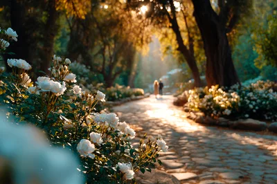 Couple Walking Down A Sunlit Garden Path