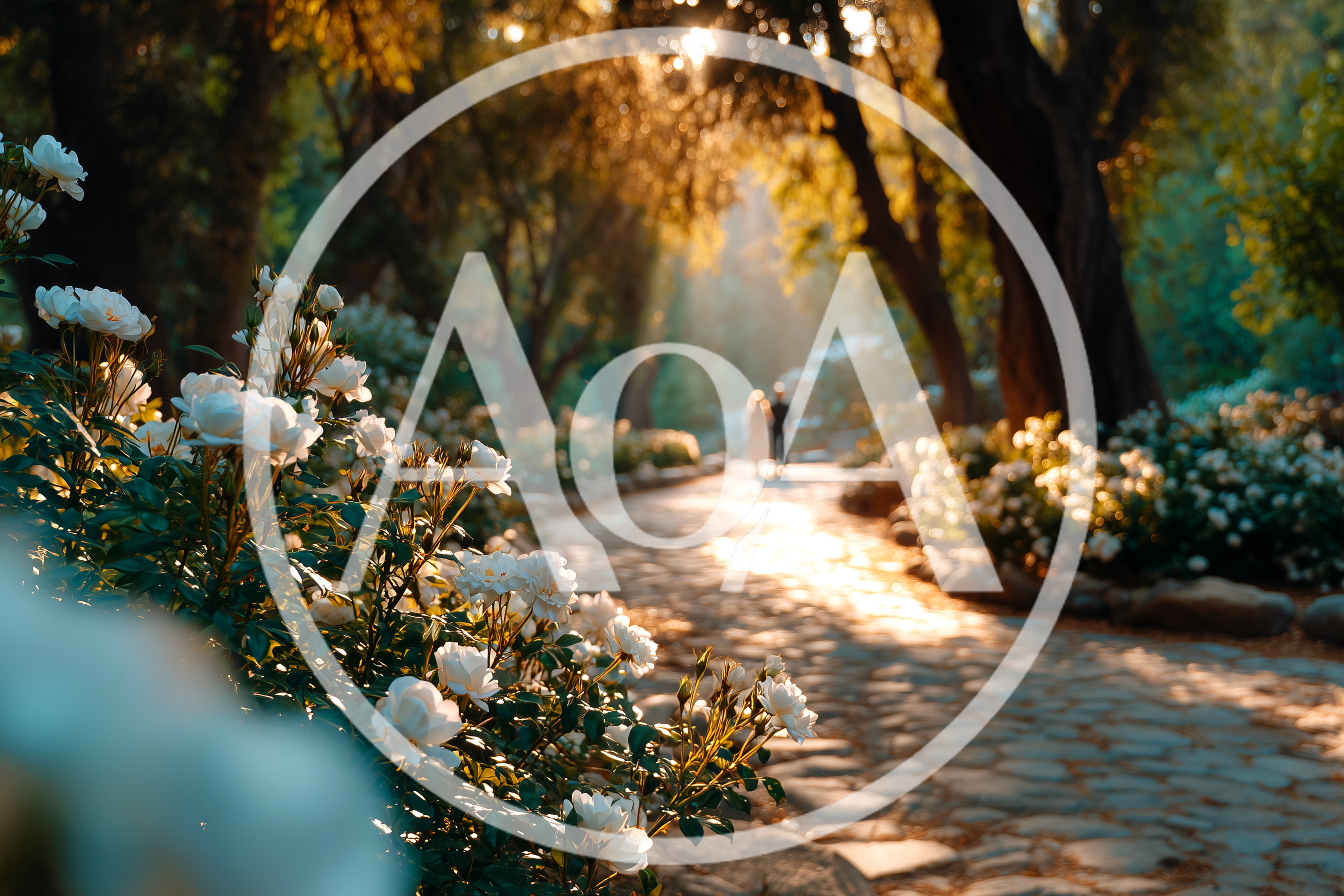 Couple Walking Down A Sunlit Garden Path