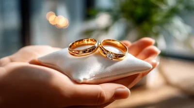 Hands Holding Wedding Rings On A Small White Pillow