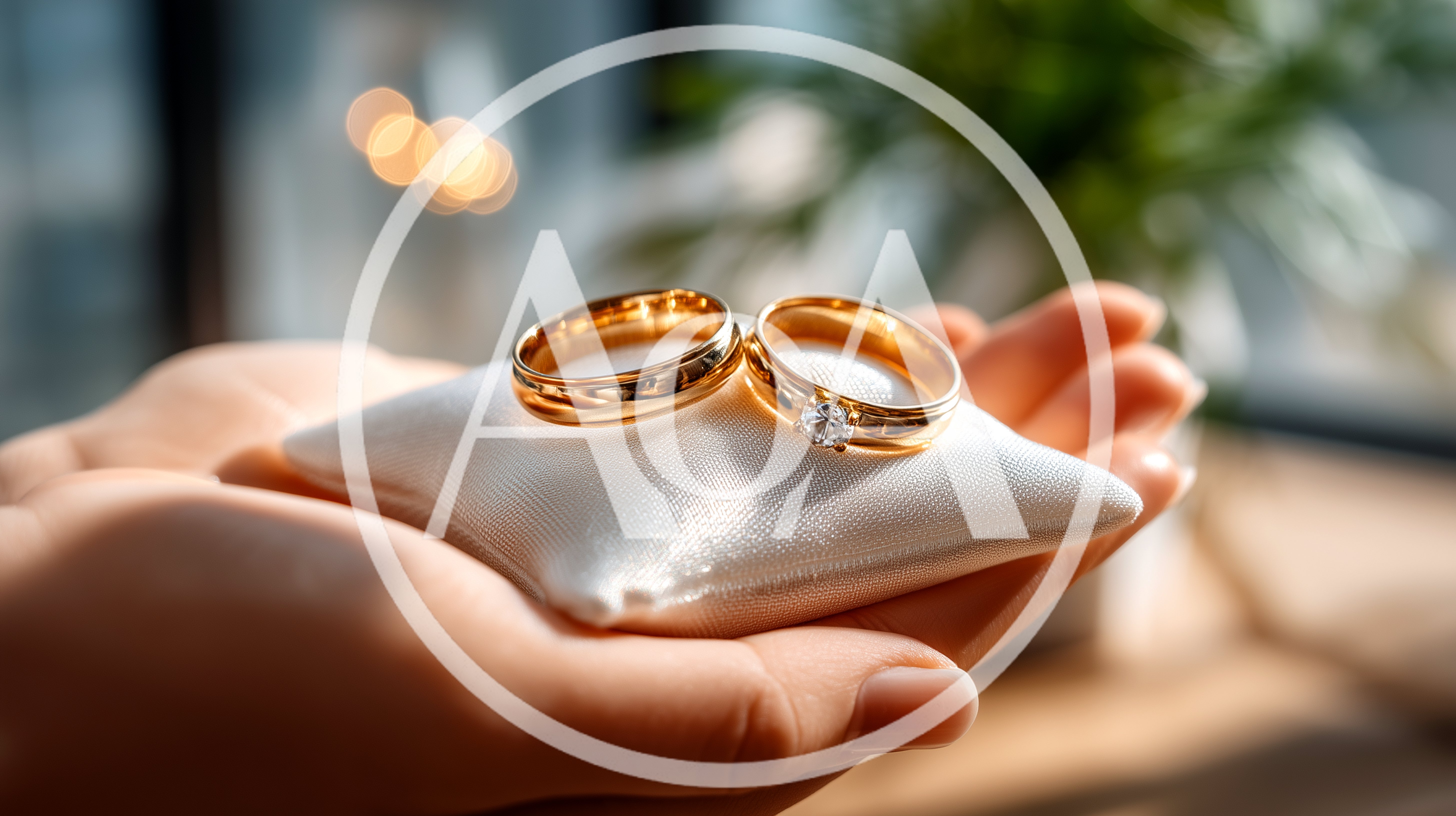 Hands Holding Wedding Rings On A Small White Pillow