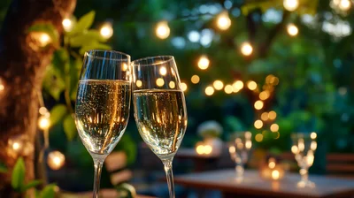 Two Champagne Flutes Toasting At An Outdoor Evening Event