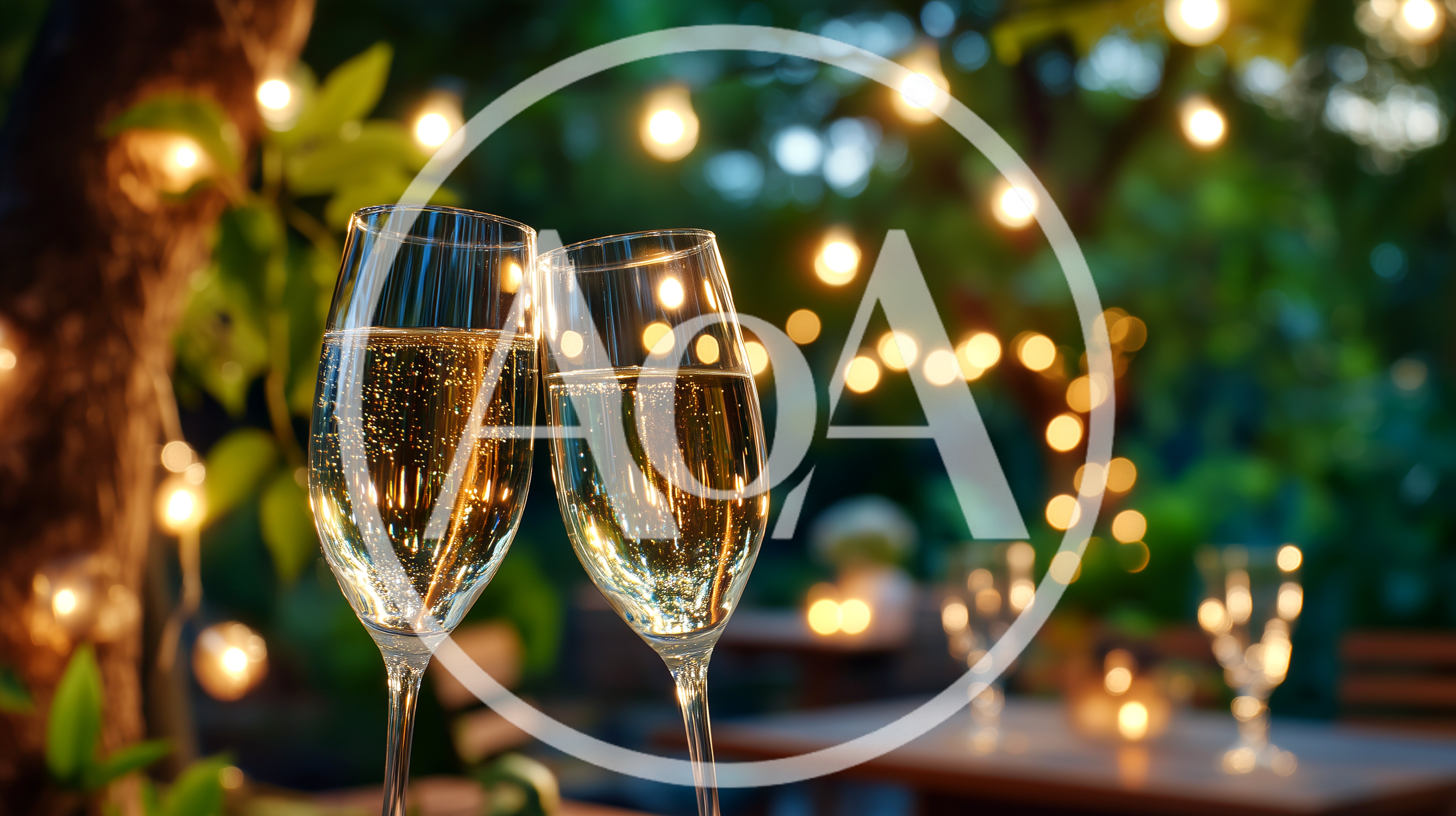 Two Champagne Flutes Toasting At An Outdoor Evening Event