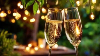 Two Champagne Flutes Toasting At An Outdoor Evening Party