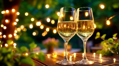 Two Glasses Of White Wine On A Garden Table