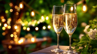 Two Champagne Flutes On A Table At Night