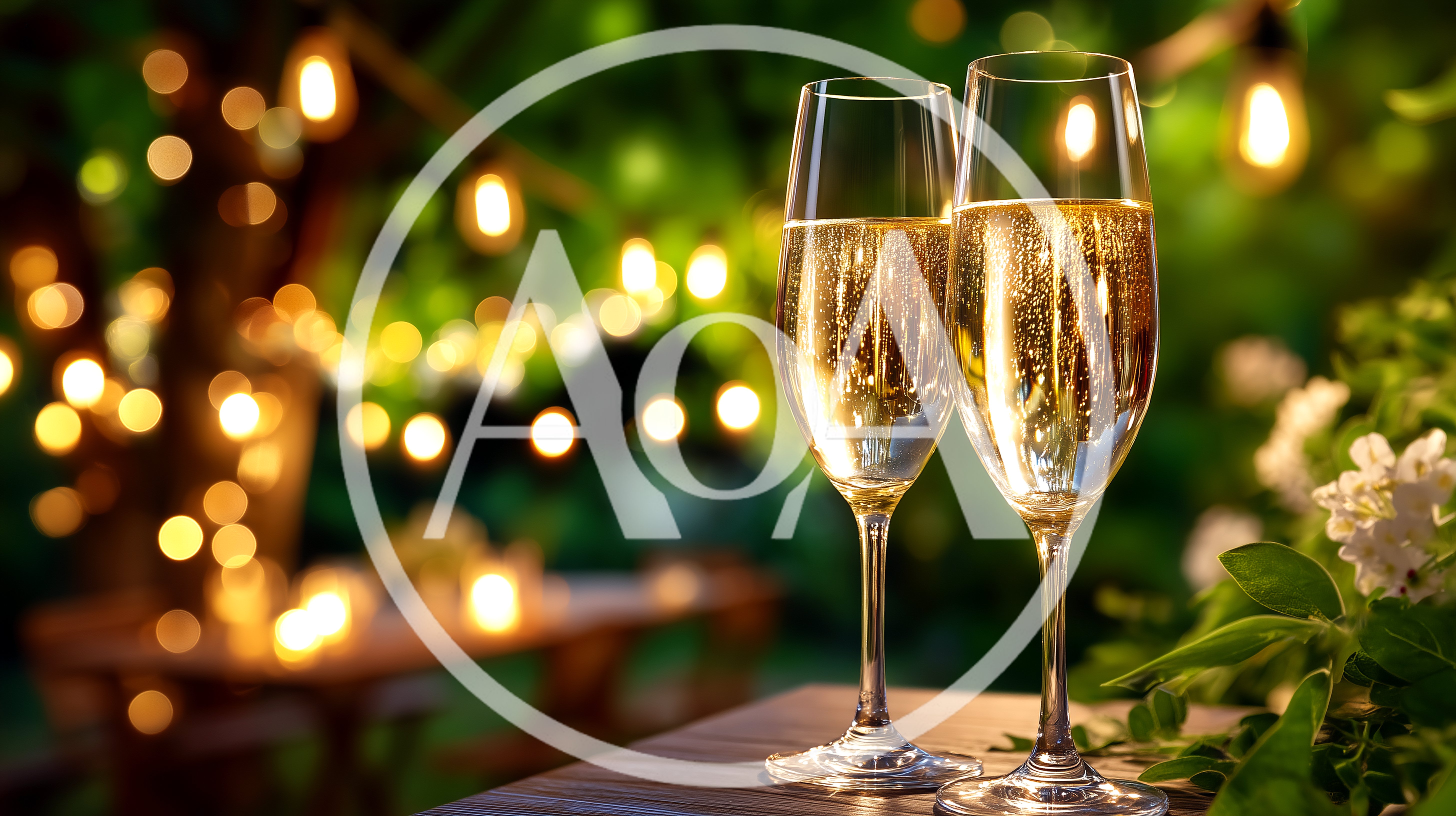 Two Champagne Flutes On A Table At Night