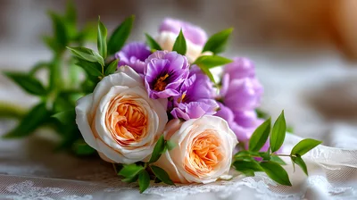 Elegant Bouquet Of Peach Roses And Purple Lisianthus