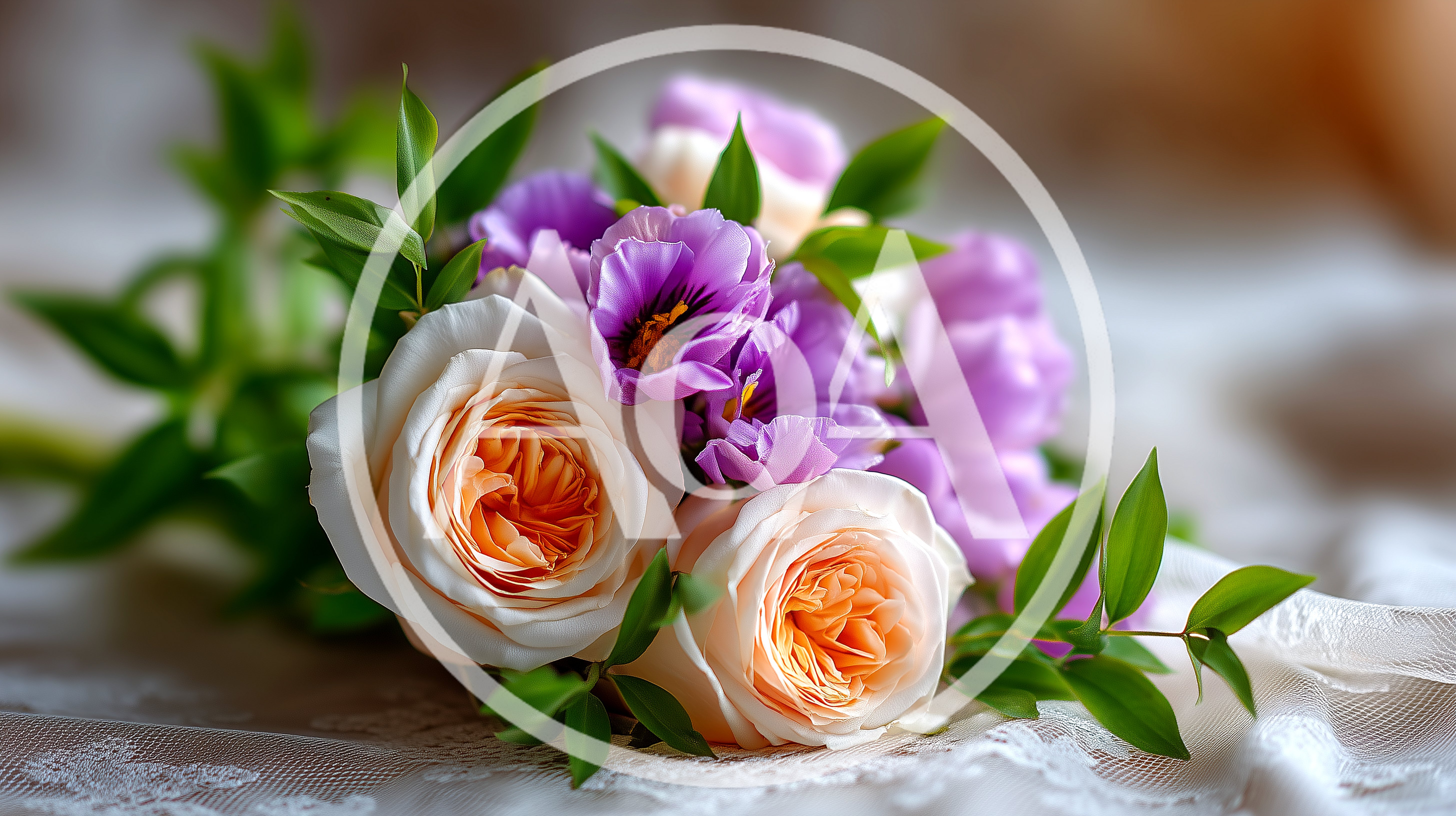 Elegant Bouquet Of Peach Roses And Purple Lisianthus