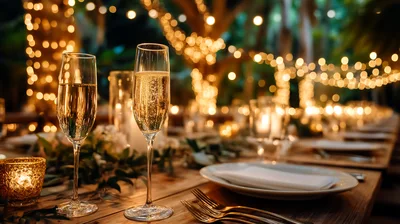 Elegant Champagne Flutes On A Decorated Wedding Table