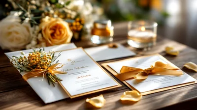 Elegant Wedding Invitations With Floral Accents And Ribbons