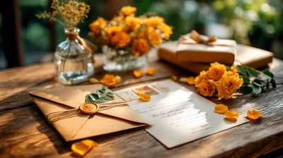 Rustic Envelope With Wax Seal And Yellow Flowers