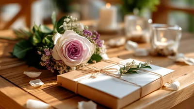 Romantic Gift Box With Rose Bouquet On Wooden Table
