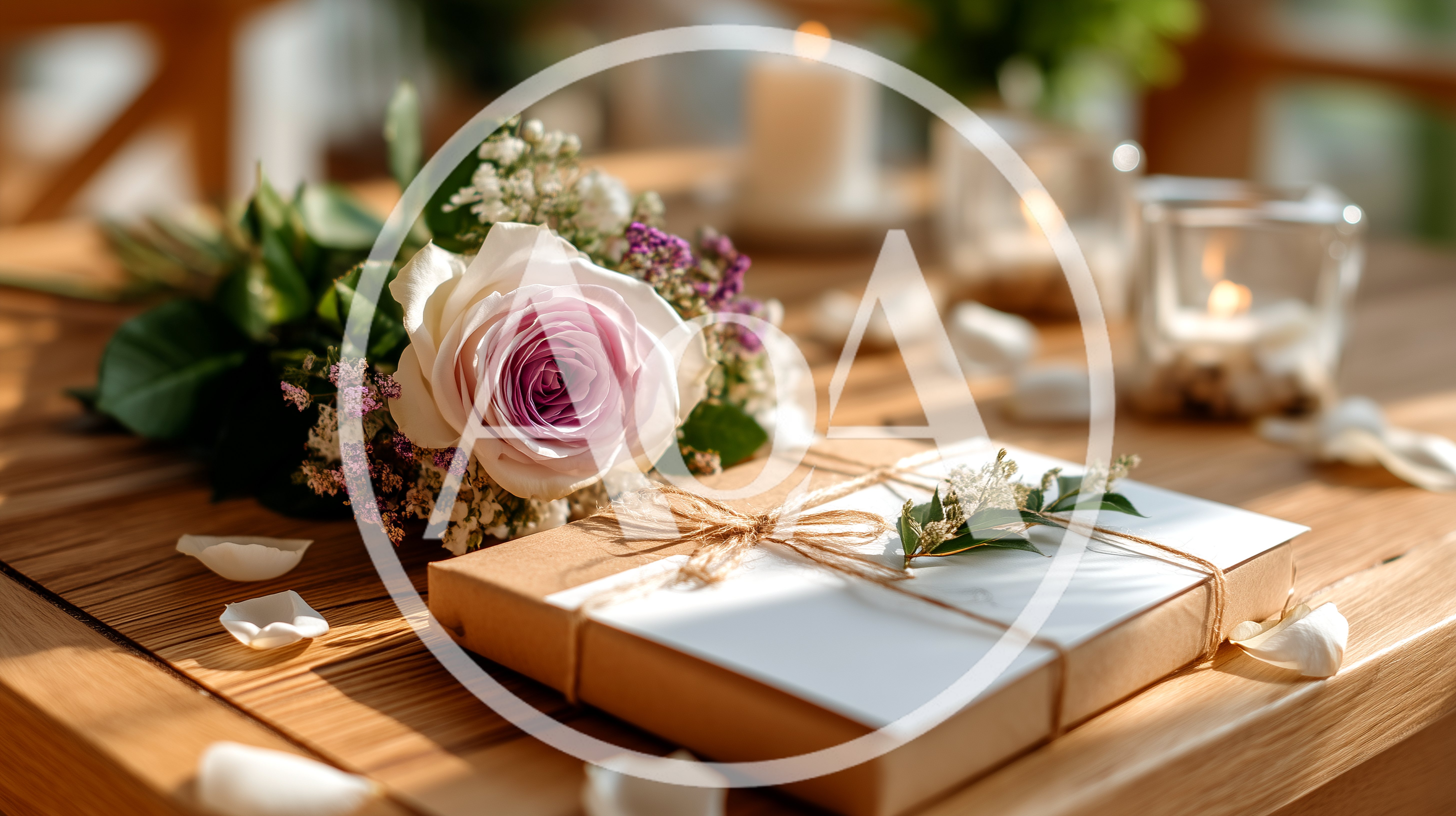 Romantic Gift Box With Rose Bouquet On Wooden Table