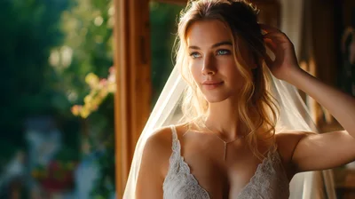 Beautiful Bride Wearing Lace Lingerie And Veil