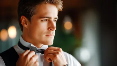 Handsome Man Adjusting His Black Bow Tie