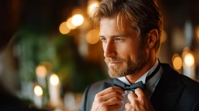 Handsome Man Adjusting His Black Bow Tie