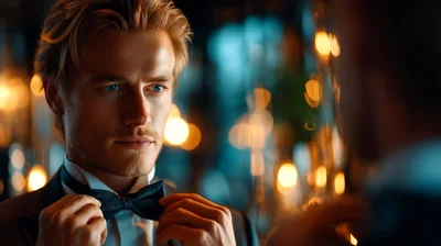 Handsome Man Adjusting Bow Tie In Mirror