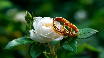 Two Gold Wedding Rings Resting On A White Rose