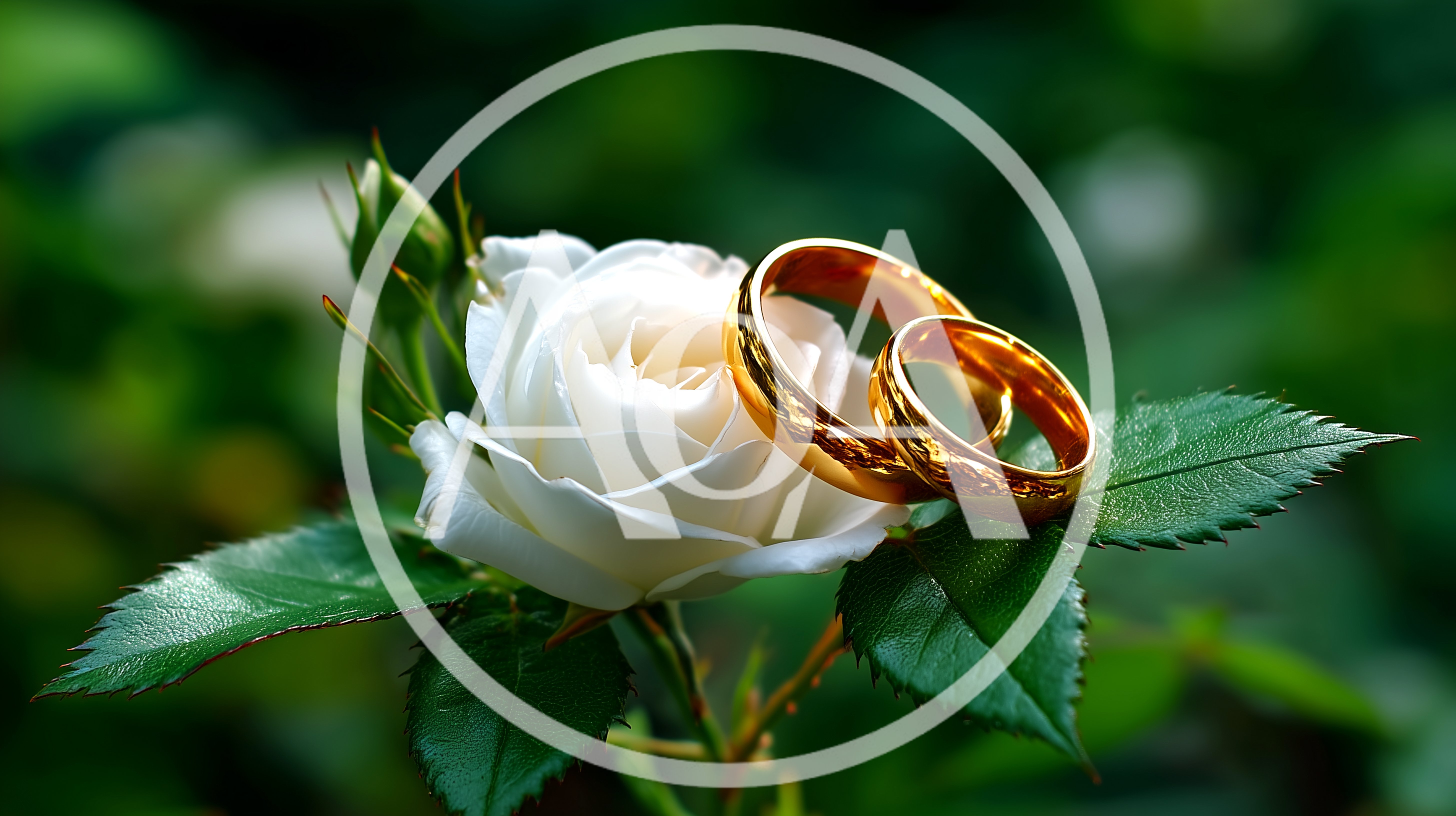 Two Gold Wedding Rings Resting On A White Rose