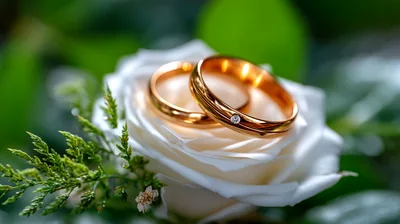 Two Gold Wedding Rings Resting On A White Rose