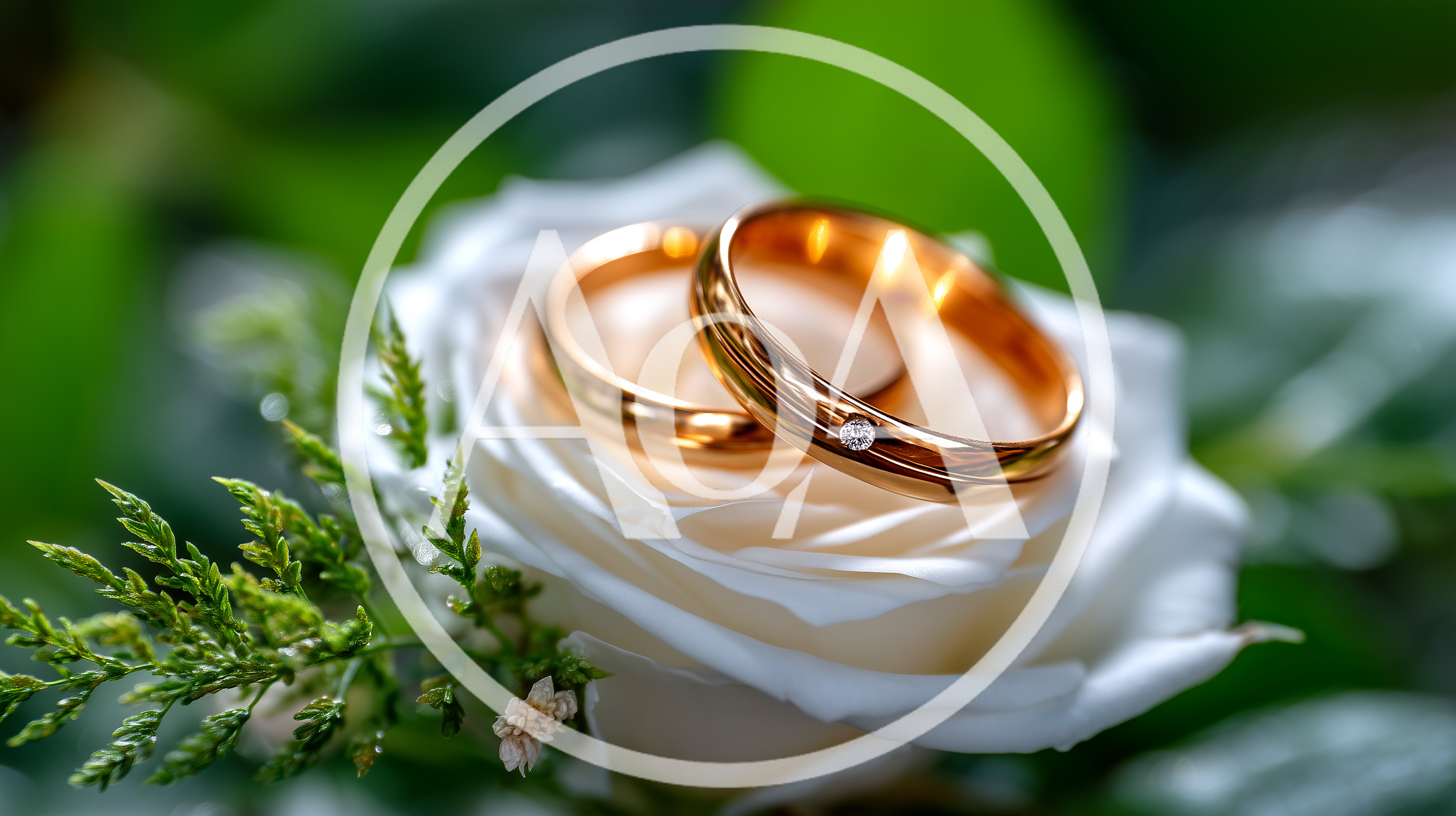 Two Gold Wedding Rings Resting On A White Rose