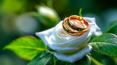 Two Gold Wedding Rings Resting On A White Rose