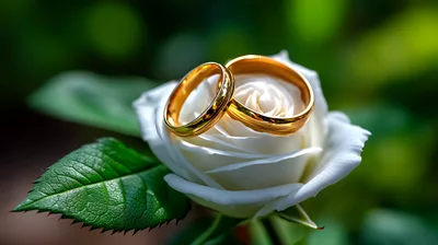 Two Gold Wedding Rings Resting On A White Rose