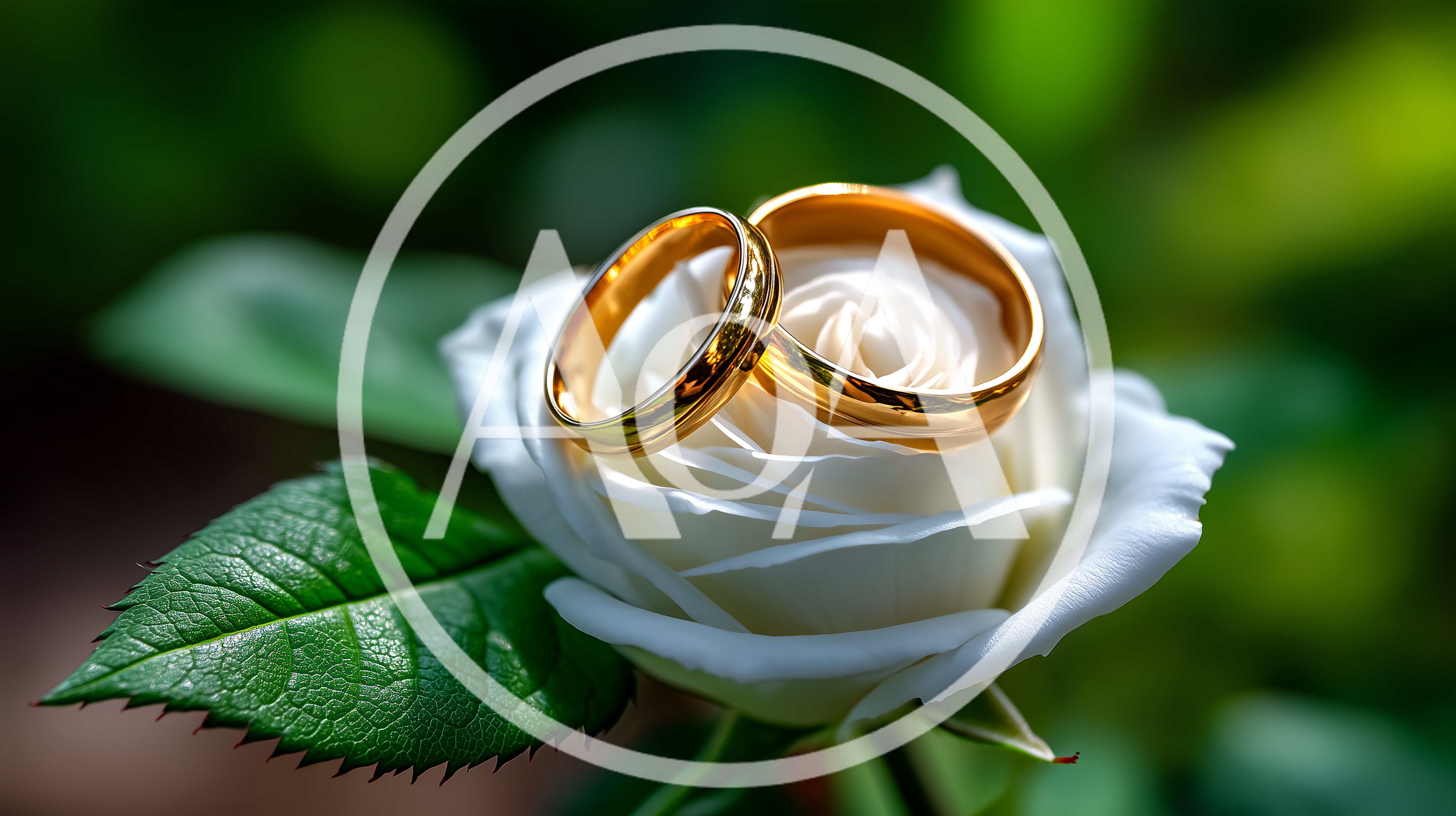 Two Gold Wedding Rings Resting On A White Rose