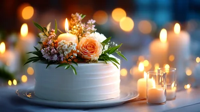 Elegant White Cake Decorated With Flowers And Candles