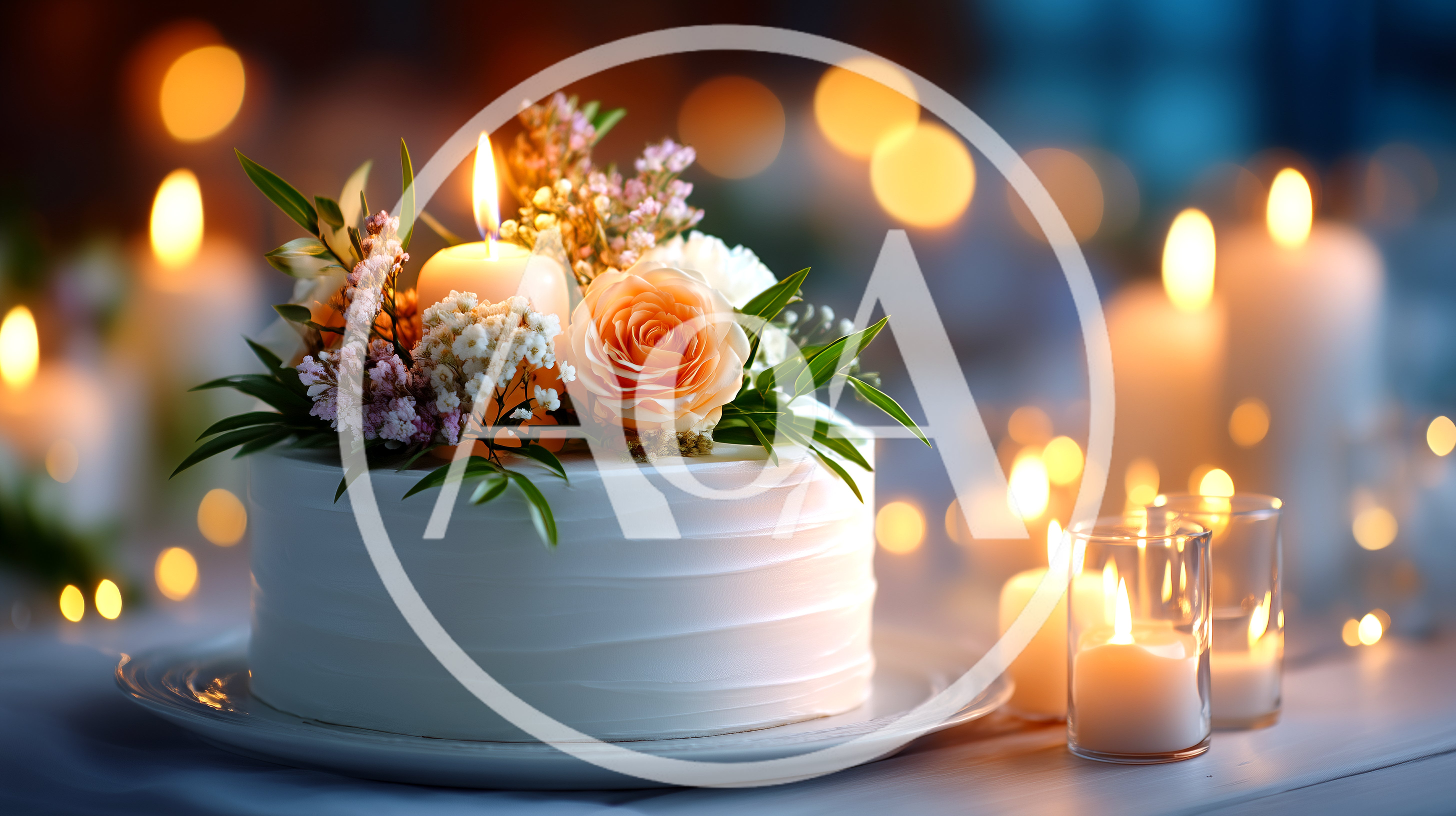 Elegant White Cake Decorated With Flowers And Candles