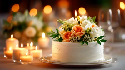 Elegant White Cake Decorated With Fresh Roses And Candles