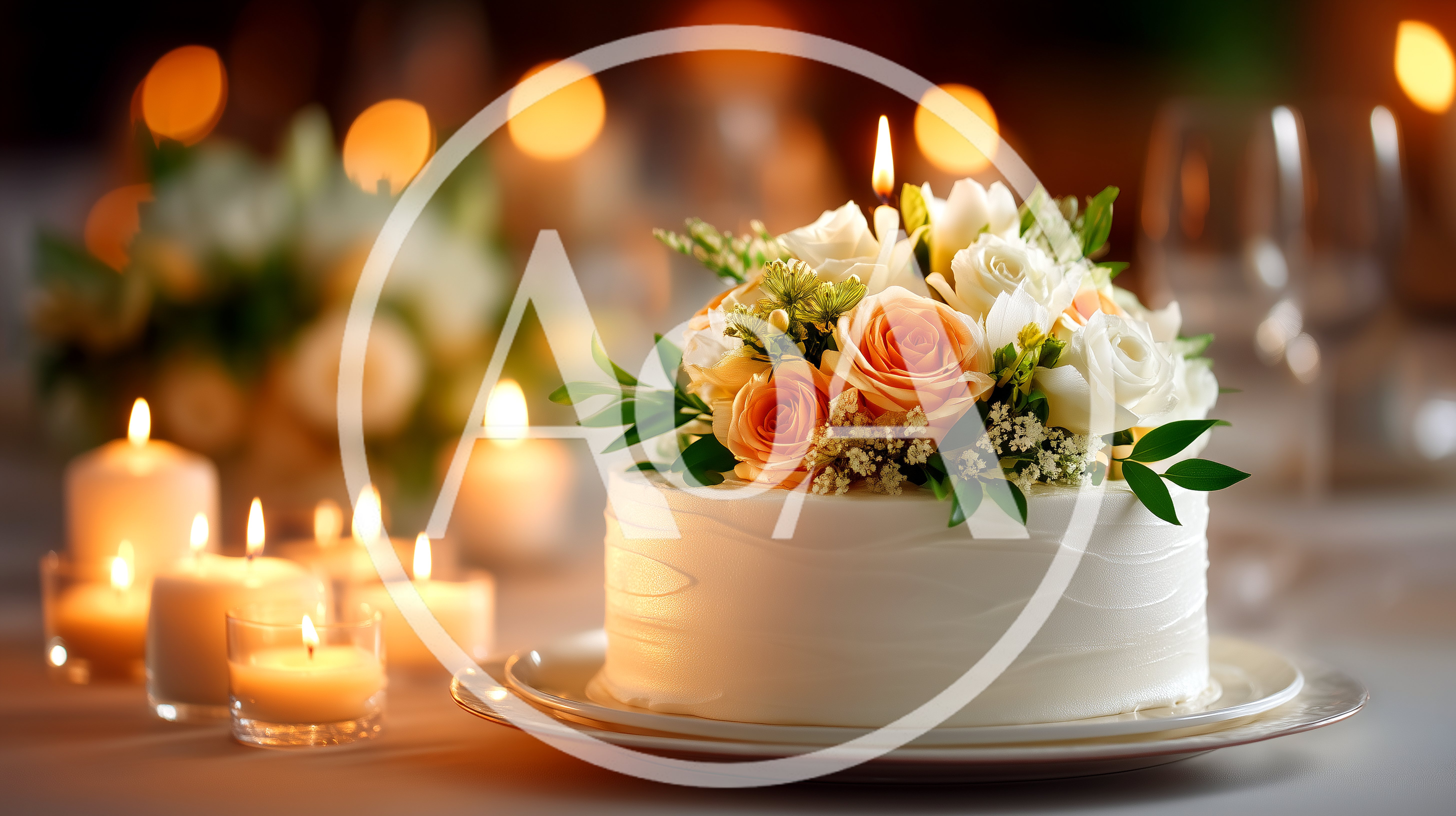 Elegant White Cake Decorated With Fresh Roses And Candles