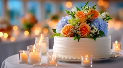 Elegant Wedding Cake With Floral Topper And Candles