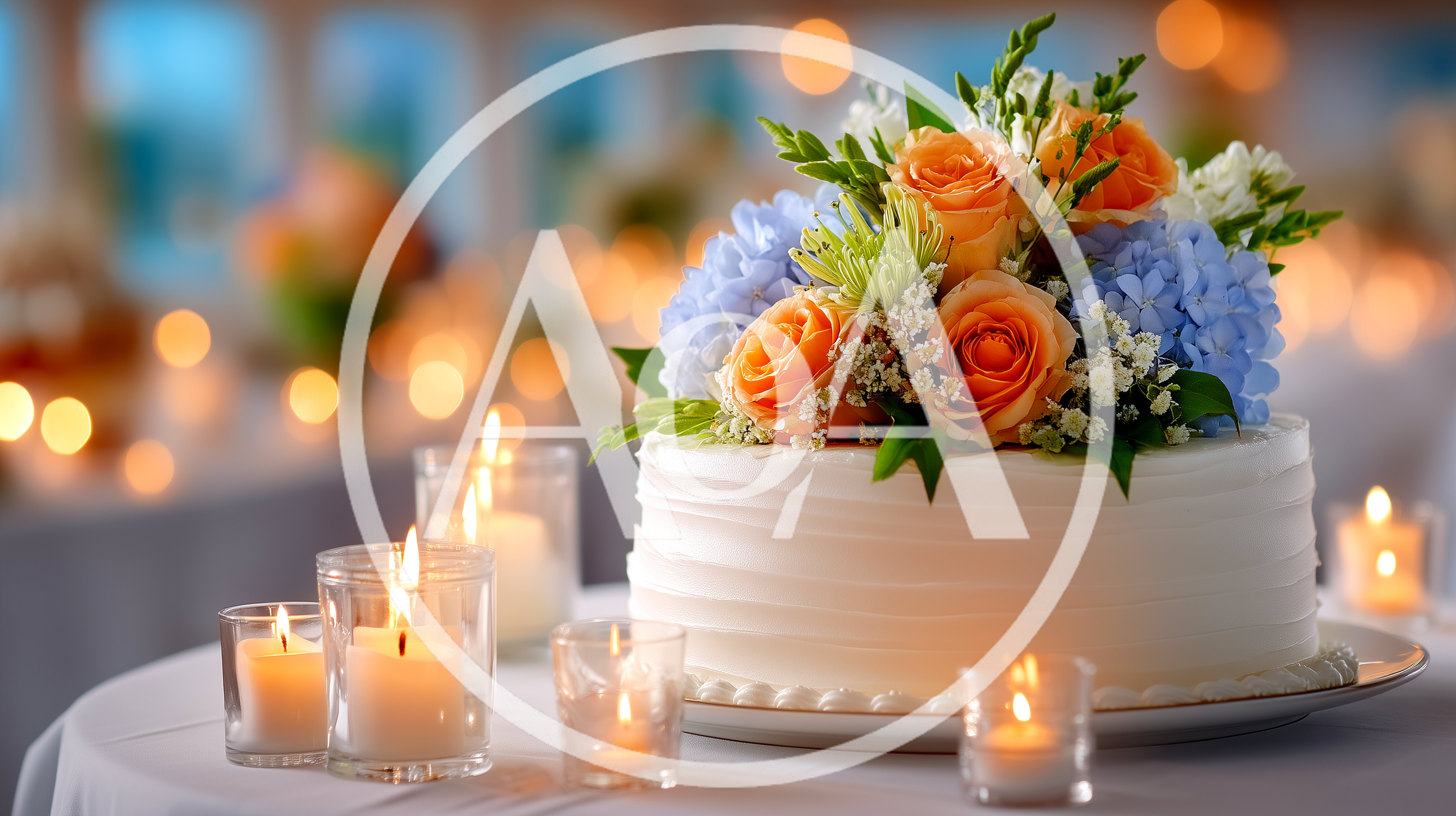 Elegant Wedding Cake With Floral Topper And Candles