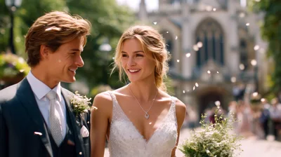 Happy Newlywed Couple Walking After Wedding Ceremony