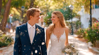 Newlywed Couple Walking Through Confetti Shower