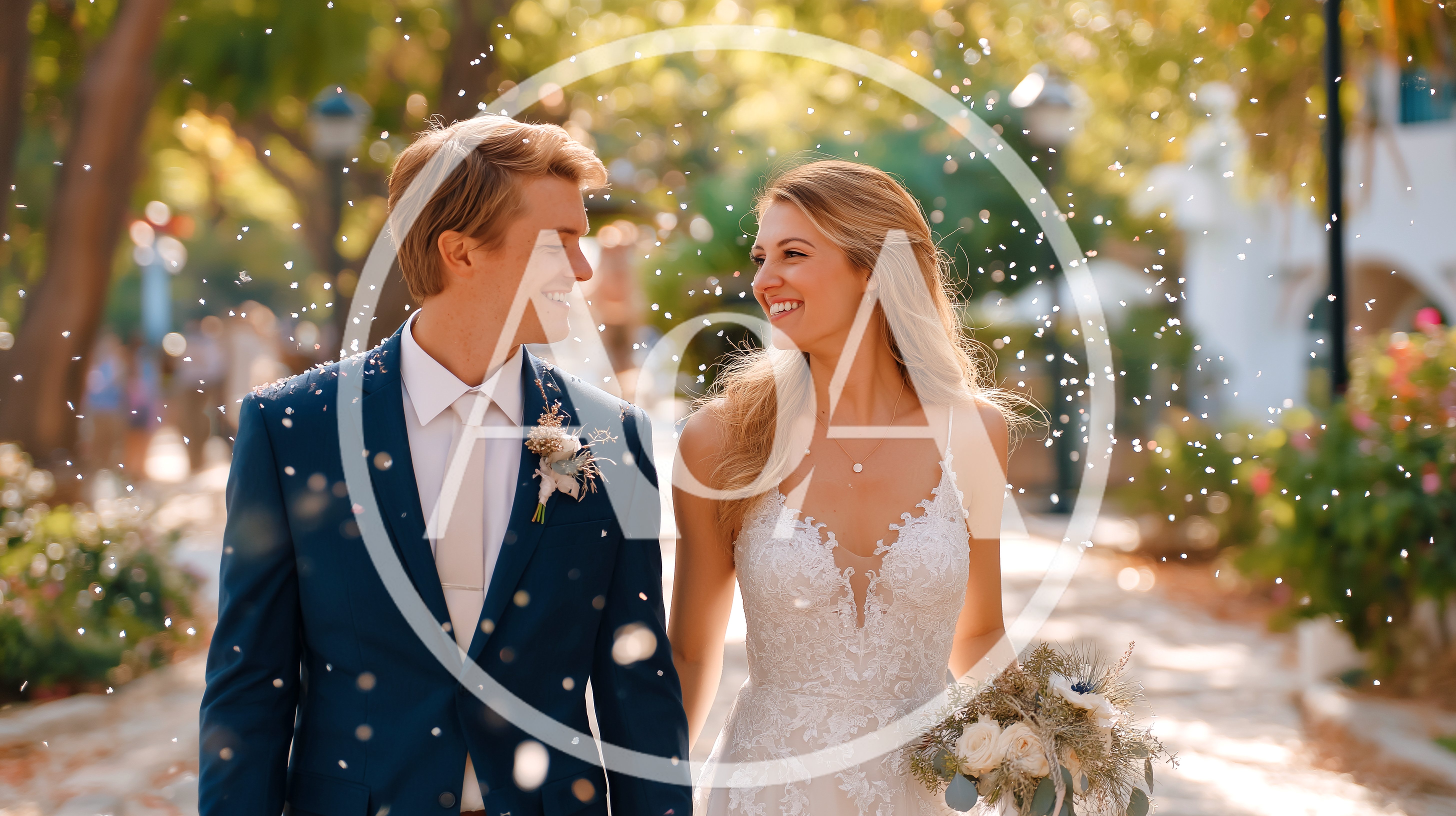 Newlywed Couple Walking Through Confetti Shower