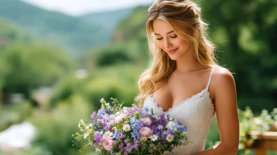 Beautiful Bride Holding Wildflower Bouquet Outdoors
