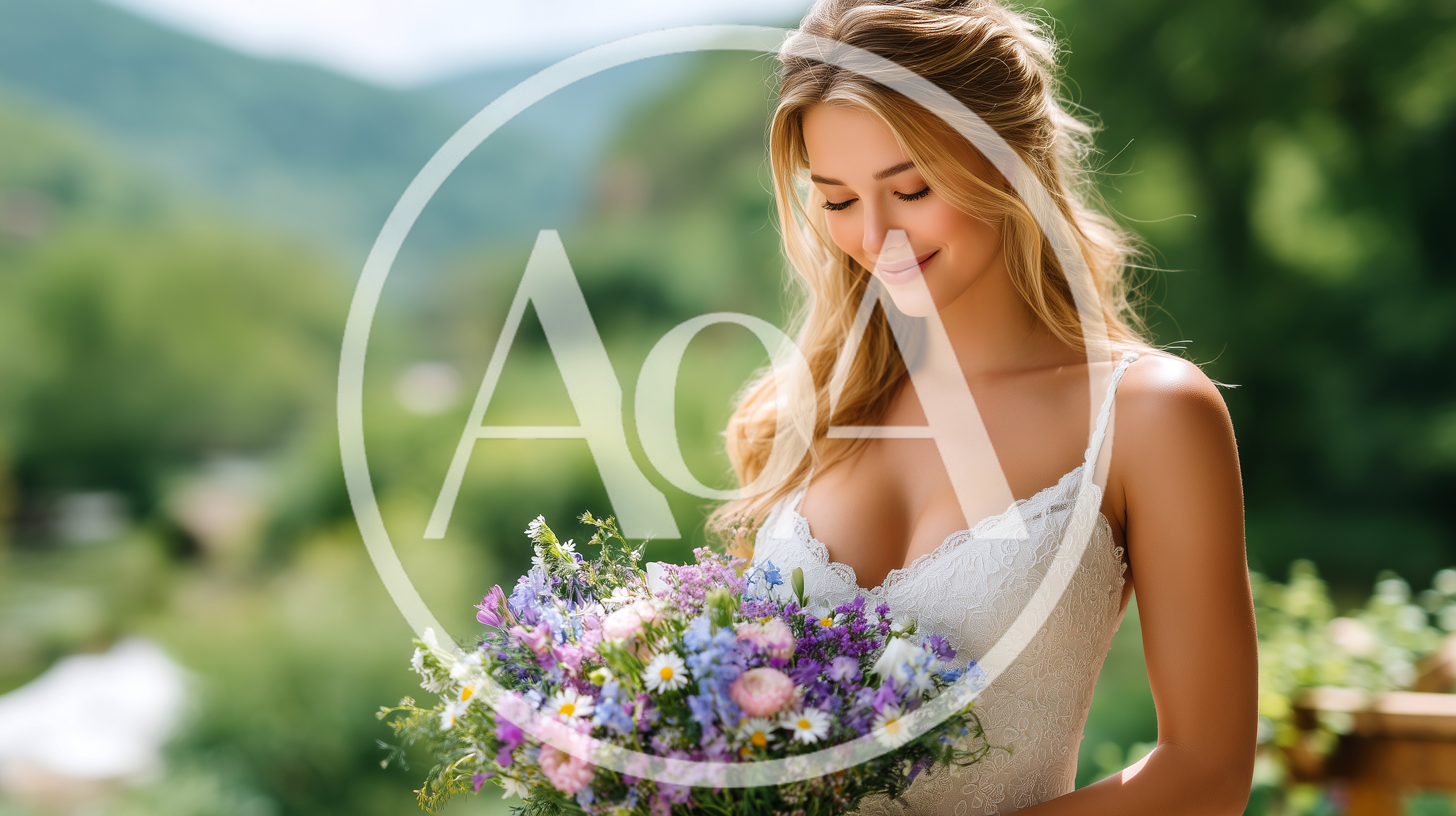 Beautiful Bride Holding Wildflower Bouquet Outdoors